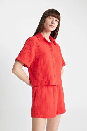 DeFacto Boxy Fit Müslin Kısa Kollu Gömlek D0583AX24SMRD117