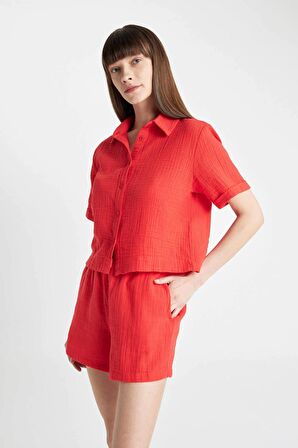 DeFacto Boxy Fit Müslin Kısa Kollu Gömlek D0583AX24SMRD117