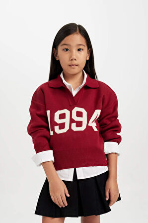 Kız Çocuk Kırmızı Regular Fit Polo Yaka Triko Kazak
