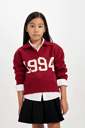 Kız Çocuk Kırmızı Regular Fit Polo Yaka Triko Kazak