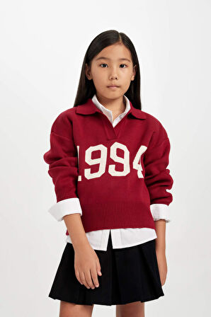 Kız Çocuk Kırmızı Regular Fit Polo Yaka Triko Kazak