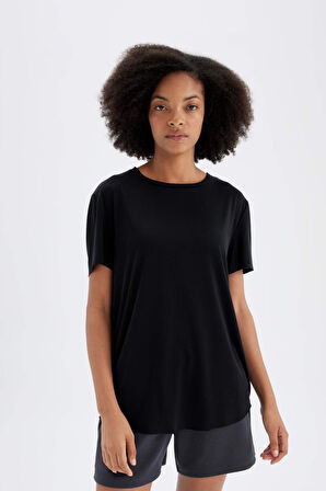 DeFactoFit Oversize Geniş Kalıp Bisiklet Yaka Sporcu Modal Kısa Kollu Tişört B5536AX24AUBK81