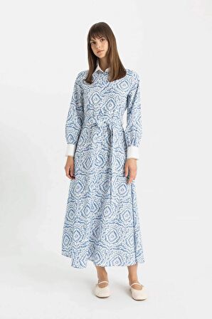 DeFacto Desenli Uzun Kollu Poplin Maxi Elbise C9719AX24HSBE695