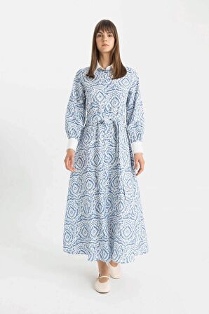 DeFacto Desenli Uzun Kollu Poplin Maxi Elbise C9719AX24HSBE695