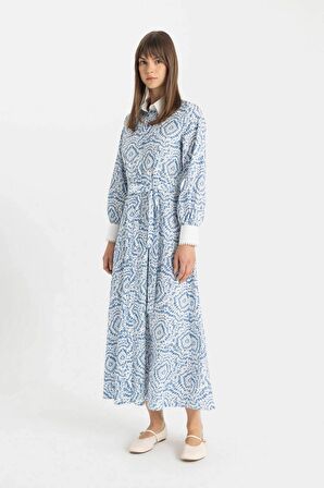 DeFacto Desenli Uzun Kollu Poplin Maxi Elbise C9719AX24HSBE695