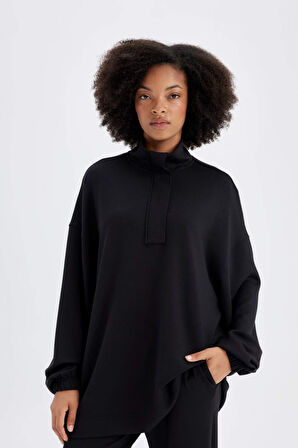 DeFactoFit Long Fit Dik Yaka Modal Sporcu Sweatshirt D1457AX24AUBK81