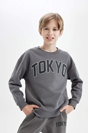 DeFacto Erkek Çocuk Antrasit Oversize Geniş Kalıp Bisiklet Yaka Baskılı Okul Sweatshirt D1643A824AUAR215