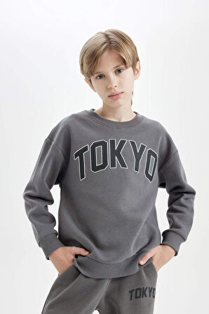 DeFacto Erkek Çocuk Antrasit Oversize Geniş Kalıp Bisiklet Yaka Baskılı Okul Sweatshirt D1643A824AUAR215