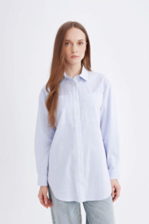 DeFacto Relax Fit Çizgili Poplin Uzun Kollu Gömlek Tunik B6879AX24AUWT34