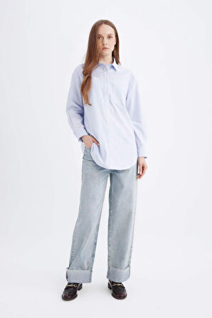 DeFacto Relax Fit Çizgili Poplin Uzun Kollu Gömlek Tunik B6879AX24AUWT34