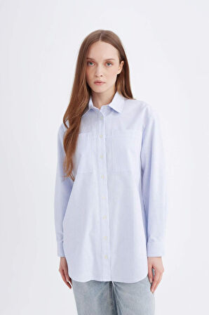 DeFacto Relax Fit Çizgili Poplin Uzun Kollu Gömlek Tunik B6879AX24AUWT34