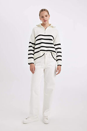 Oversize Fit Çizgili Fermuarlı Dik Yaka Triko Kazak