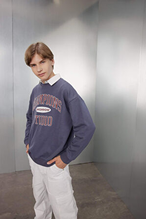 DeFacto Erkek Çocuk Oversize Geniş Kalıp Bisiklet Yaka Yazı Baskılı Okul Sweatshirt D0983A824AUIN254