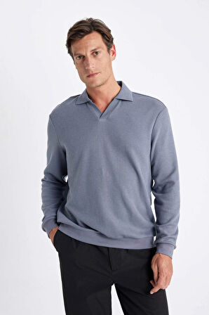 DeFacto Mavi Regular Fit Polo Yaka Jakarlı Triko Sweatshirt A9785AX24AUBE729
