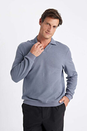 DeFacto Regular Fit Polo Yaka Jakarlı Sweatshirt A9785AX24AUBE729