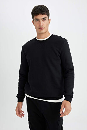 DeFacto Regular Fit Bisiklet Yaka Kalın Basic Düz Sweatshirt T3777AZ24AUBK81