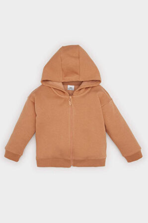 Kız Bebek Basic Düz Kapüşonlu Kalın İçi Yumuşak Tüylü Fermuar Kapamalı Sweatshirt Hırka