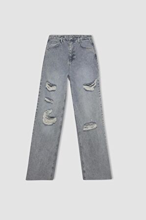 DeFacto 90's Wide Leg Yırtık Detaylı Yüksek Bel Uzun Jean Yıkamalı Pantolon C8606AX24HSNM55