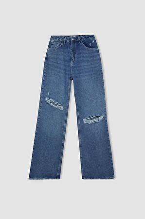 DeFacto 90's Wide Leg Yırtık Detaylı Yüksek Bel Uzun Jean Yıkamalı Pantolon C8607AX24HSNM34