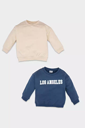 DeFacto Erkek Bebek Bisiklet Yaka Baskılı İçi Yumuşak Tüylü İnce 2'li Sweatshirt D0706A524AUBG286