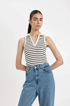DeFacto Slim Fit Çizgili Polo Yaka Fitilli Kaşkorse Atlet D1355AX24SMER105