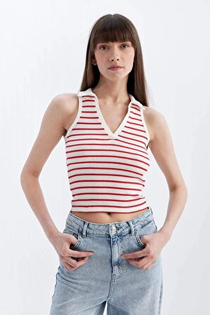 DeFacto Slim Fit Çizgili Polo Yaka Fitilli Kaşkorse Atlet D1355AX24SMRD59