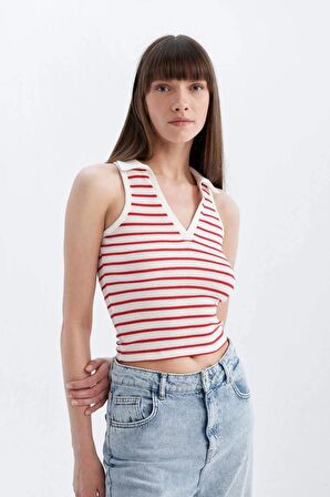 DeFacto Slim Fit Çizgili Polo Yaka Fitilli Kaşkorse Atlet D1355AX24SMRD59