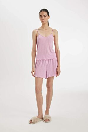 DeFacto Pijama Takım Pamuklu Askılı Pijama Üstü Esnek Beli Şortlu Pijama Altı-Fall in Love A7968AX24HSPN444