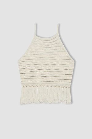 DeFacto Fitted Halter Yaka Kroşe Püsküllü Triko Atlet C9018AX24SMER105