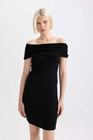 DeFacto Bodycon Omuzu Açık Fitilli Kaşkorse Uzun Kollu Mini Elbise D1171AX24SMBK81