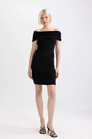 DeFacto Bodycon Omuzu Açık Fitilli Kaşkorse Uzun Kollu Mini Elbise D1171AX24SMBK81