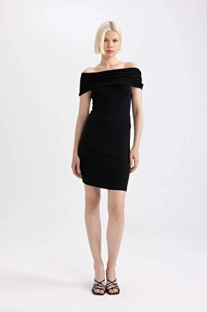 DeFacto Bodycon Omuzu Açık Fitilli Kaşkorse Uzun Kollu Mini Elbise D1171AX24SMBK81