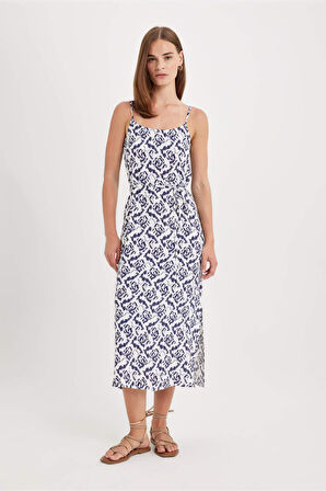 DeFacto Yuvarlak Yaka Desenli Maroken Askılı Midi Elbise D1793AX24HSER105