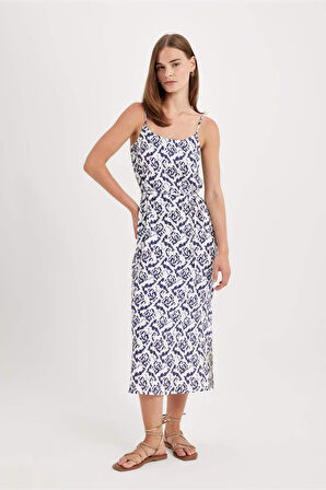 DeFacto Yuvarlak Yaka Desenli Maroken Askılı Midi Elbise D1793AX24HSER105