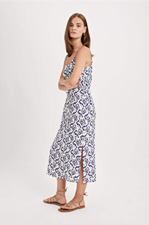 DeFacto Yuvarlak Yaka Desenli Maroken Askılı Midi Elbise D1793AX24HSER105