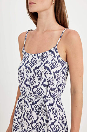 DeFacto Yuvarlak Yaka Desenli Maroken Askılı Midi Elbise D1793AX24HSER105