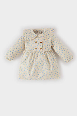 Kız Bebek Çiçekli Uzun Kollu Twill Elbise