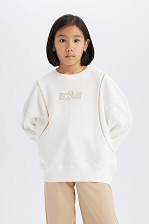 DeFacto Kız Çocuk Oversize Geniş Kalıp Bisiklet Yaka Baskılı Sweatshirt D9784A825SPER105