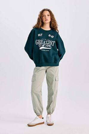 Loose Fit Bisiklet Yaka Baskılı Kalın Sweatshirt