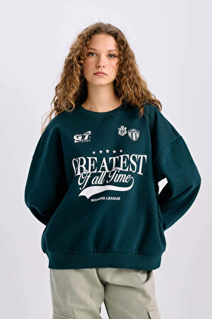 DeFacto Loose Fit Bisiklet Yaka Baskılı Kalın Sweatshirt E1696AX24WNGN229