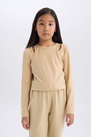 DeFacto Kız Çocuk Slim Fit Dar Kesim Bisiklet Yaka Fitilli Kaşkorse Uzun Kollu Tişört D9786A825SPBG203