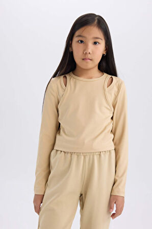 DeFacto Kız Çocuk Slim Fit Dar Kesim Bisiklet Yaka Fitilli Kaşkorse Uzun Kollu Tişört D9786A825SPBG203