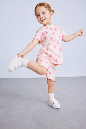 Kız Bebek 2'li Takım Desenli Fitilli Kaşkorse Kısa Kollu Tişört Şort