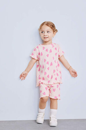 Kız Bebek 2'li Takım Desenli Fitilli Kaşkorse Kısa Kollu Tişört Şort