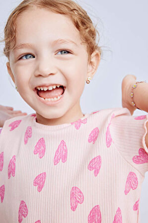 Kız Bebek 2'li Takım Desenli Fitilli Kaşkorse Kısa Kollu Tişört Şort