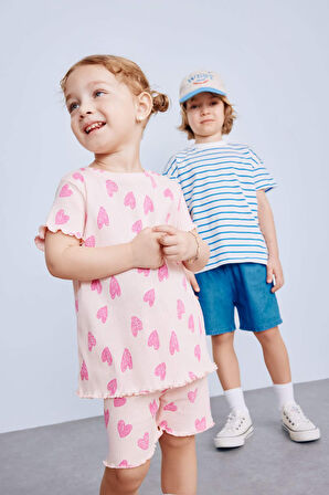 Kız Bebek 2'li Takım Desenli Fitilli Kaşkorse Kısa Kollu Tişört Şort