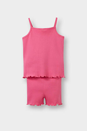 Kız Bebek 2'li Takımı Baskılı Askılı Fitilli Kaşkorse Atlet Esnek Belli Tayt