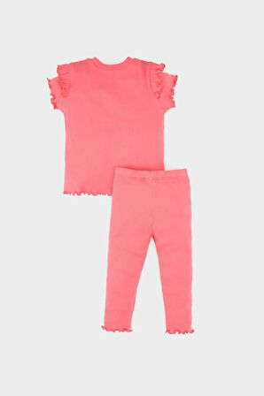 Kız Bebek 2'li Takım Baskılı Kısa Kollu Fitilli Kaşkorse Tişört Beli Lastikli Alt