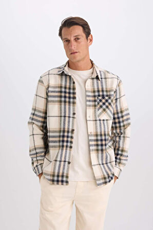 DeFacto Regular Fit Polo Yaka Kareli Flanel Uzun Kollu Gömlek E2763AX24WNBG193