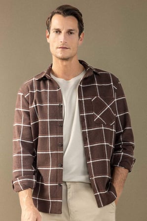 DeFacto Regular Fit Polo Yaka Kareli Flanel Uzun Kollu Gömlek E2763AX24WNBN336